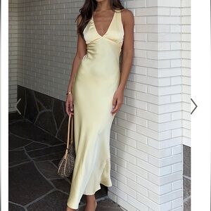 KHALANI MIDI DRESS - DEEP V NECK SATIN SLIP DRESS IN BUTTER YELLOW SHOWPO NWT